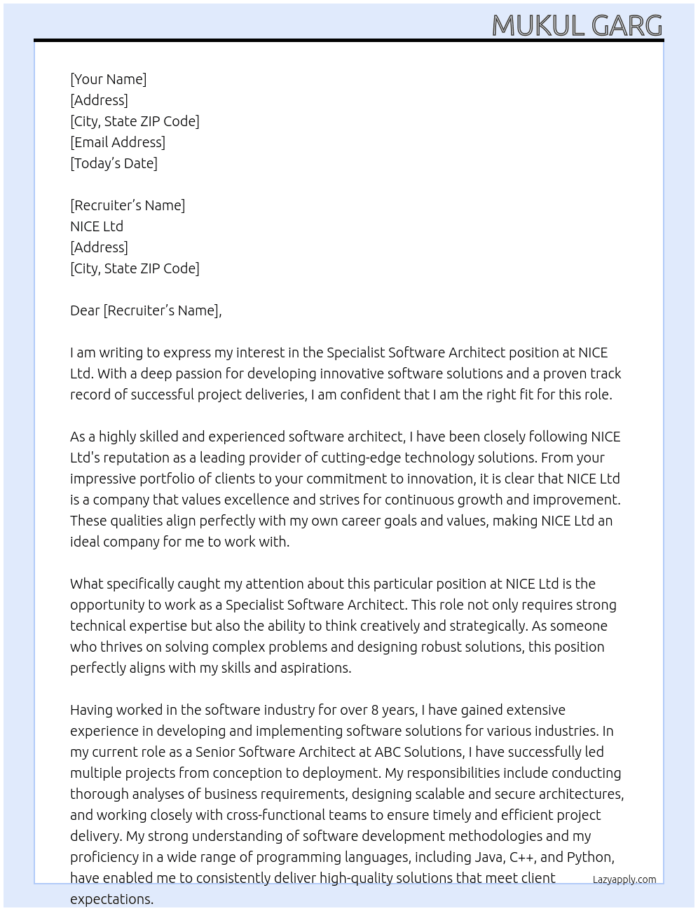 Specialist Software Architect At NICE Ltd Cover Letter