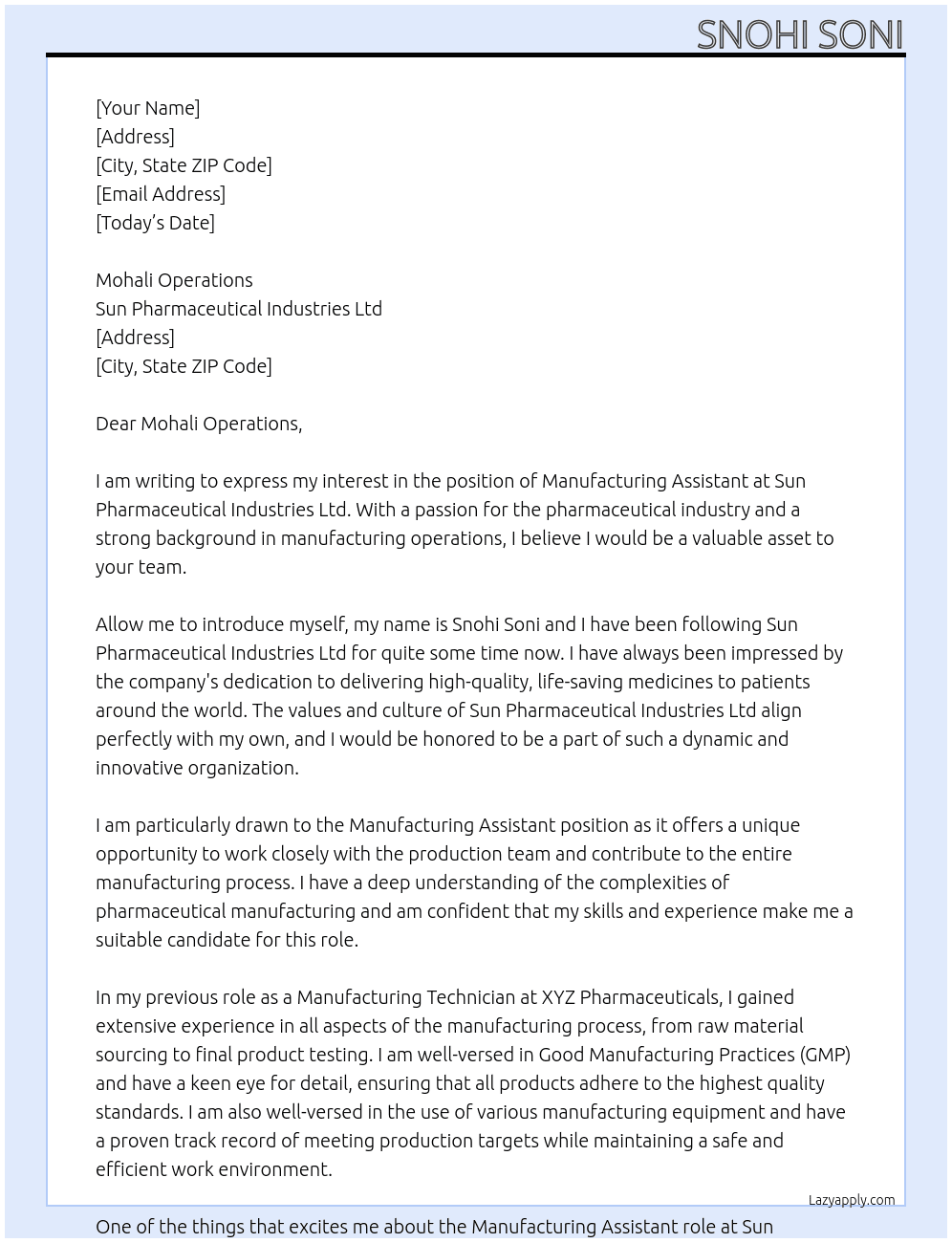 manufacturing assistant  At Sun Pharmaceutical Industries Ltd Cover Letter