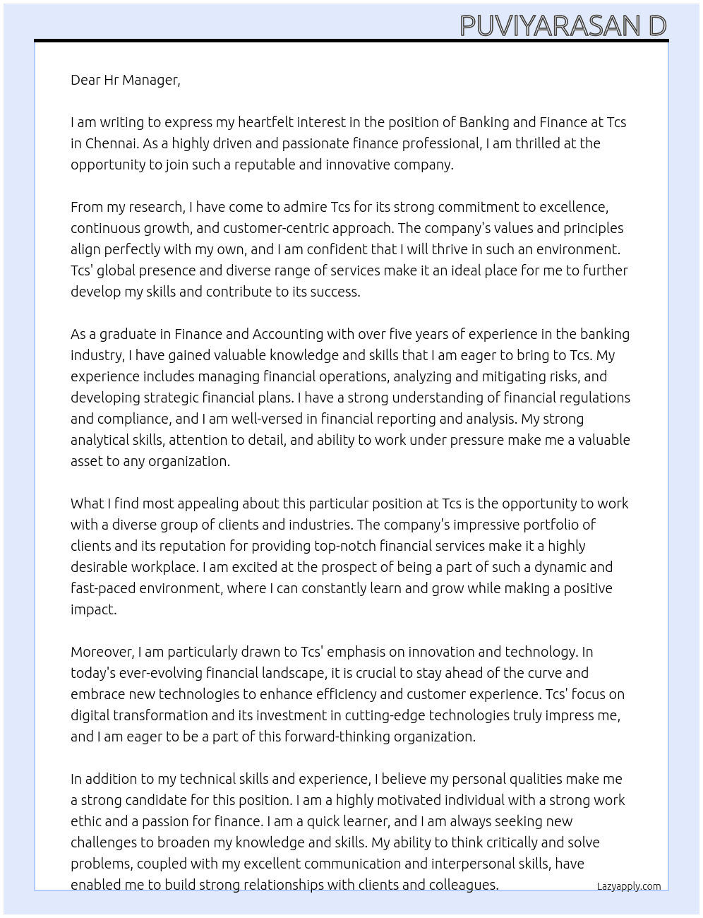 Banking and finance  At Tcs Cover Letter