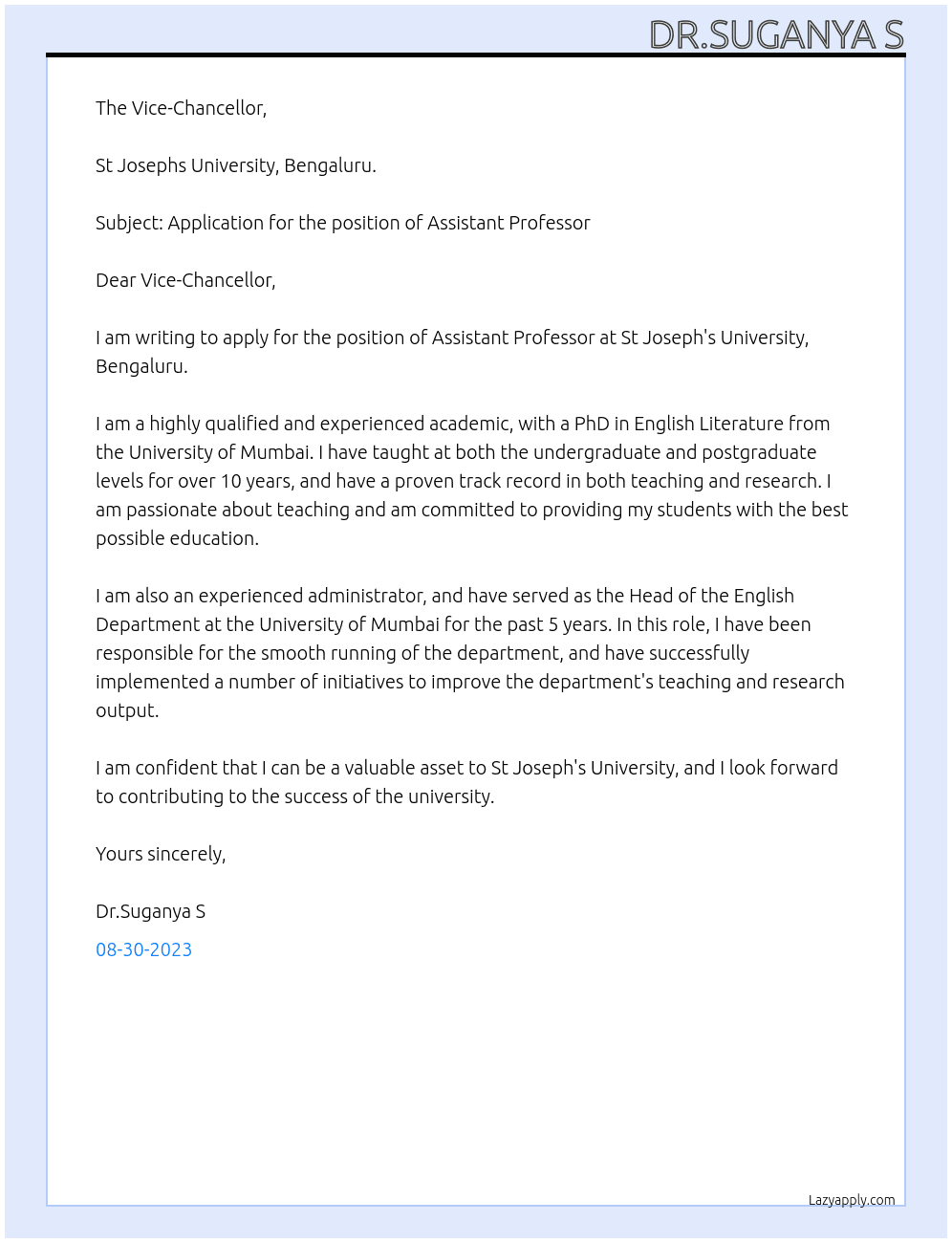 Assistant Professor  At St Joseph's University Cover Letter