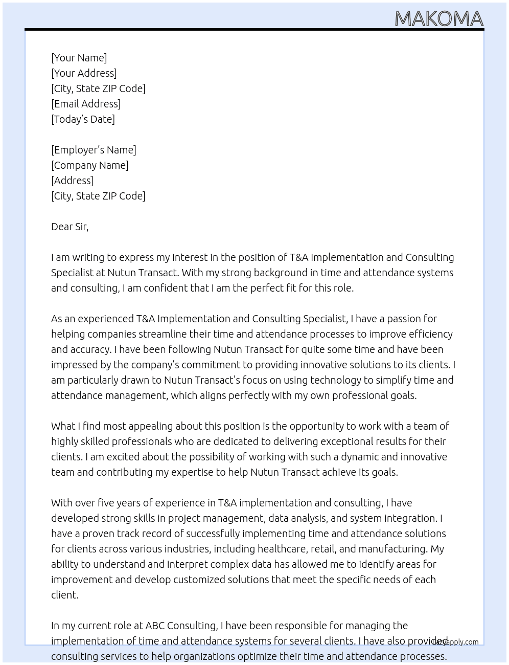 T&A Implementation and Consulting Specialist At Nutun Transact Cover Letter