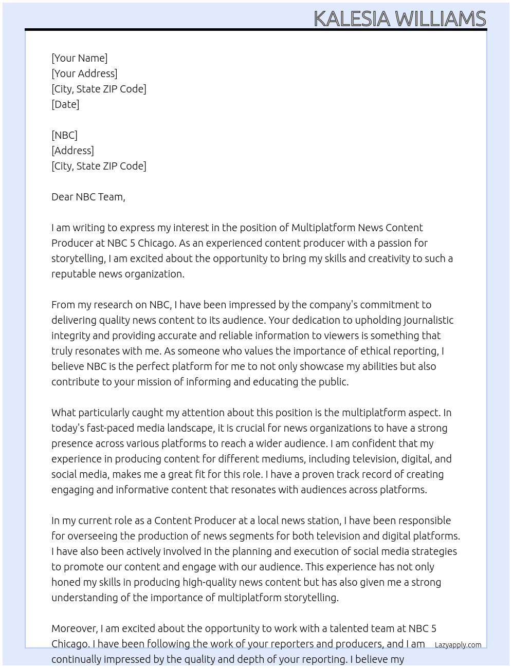 Multiplatform News Content Producer – NBC 5 Chicago At NBC Cover Letter