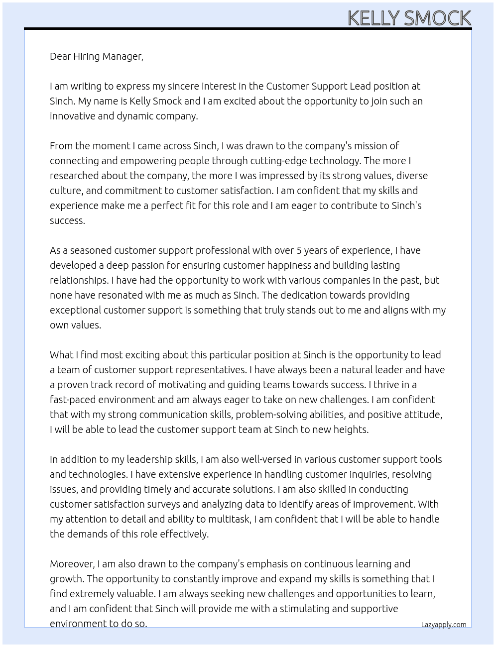 Customer support lead At Sinch Cover Letter