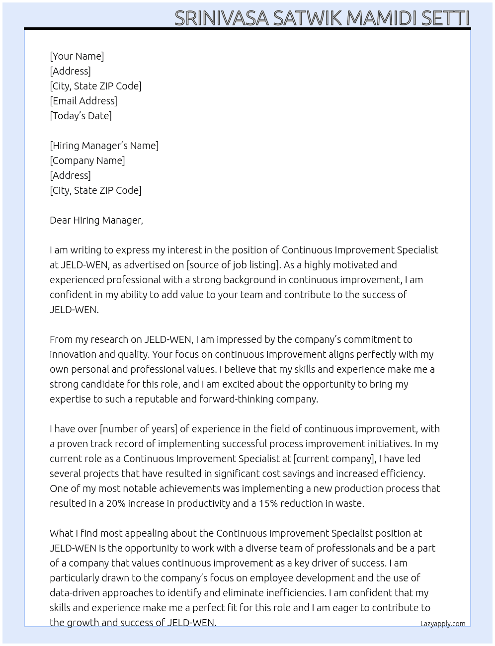 Continuous Improvement Specialist At JELD-WEN Cover Letter