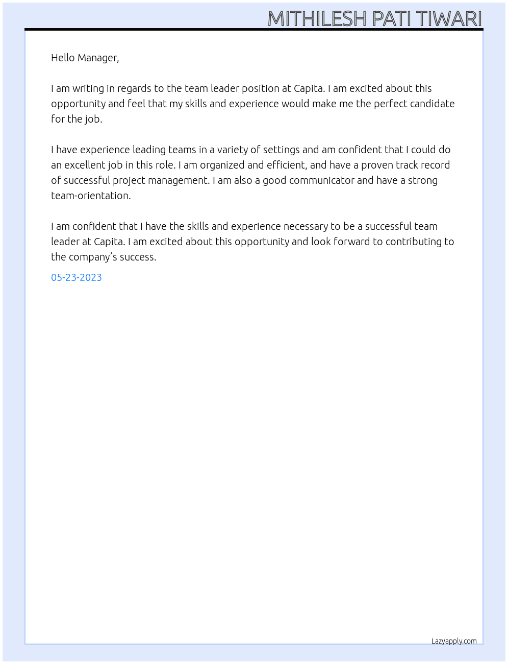 Team leader  At Capita Cover Letter