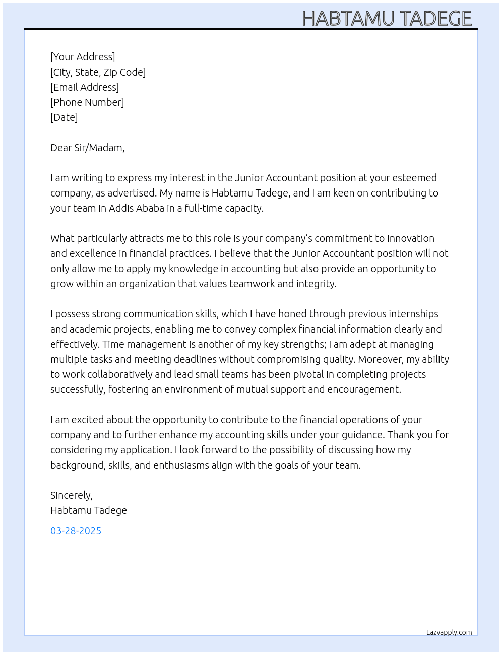 Junior Accountant  At Company: Cover Letter