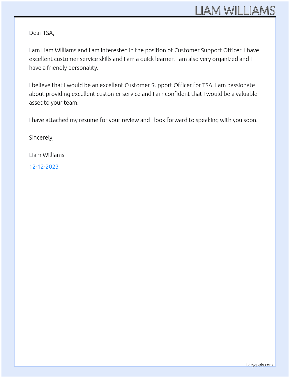 Customer Support Officer At TSA Cover Letter