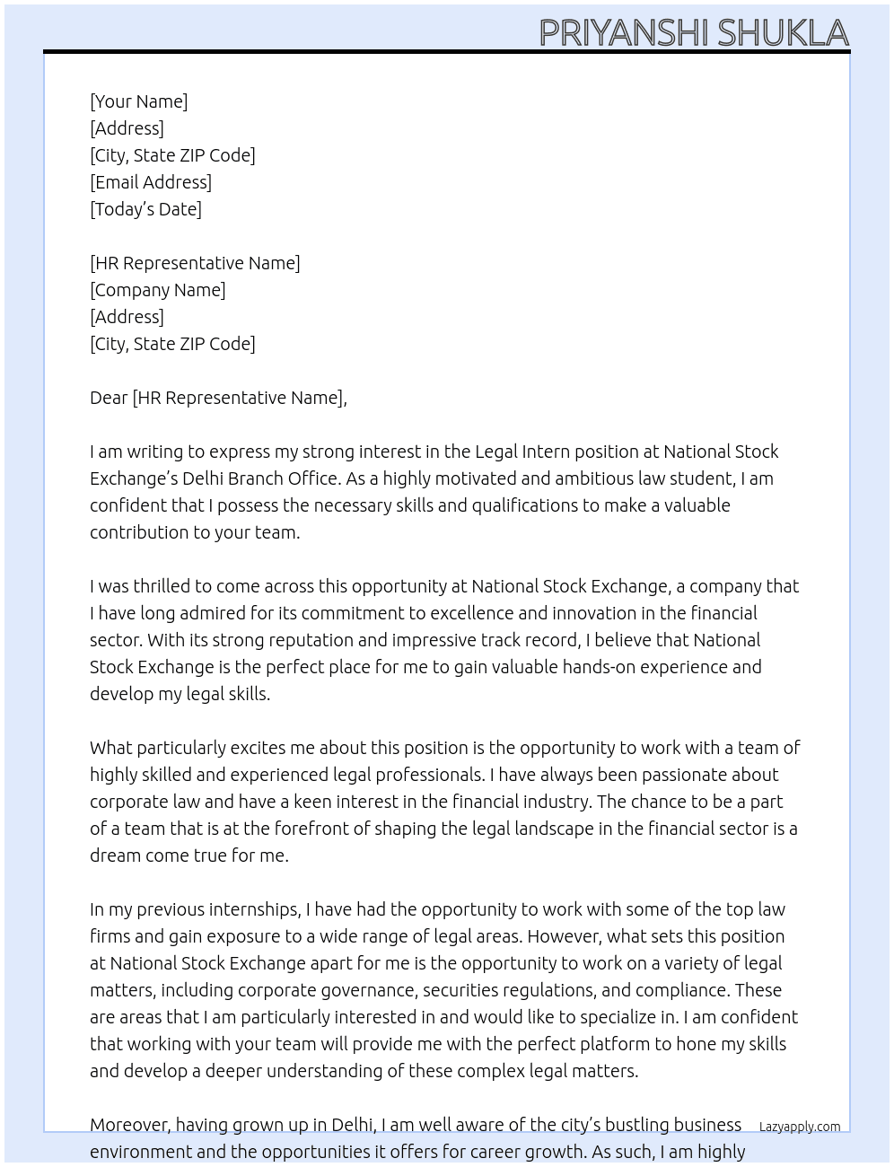 Legal Intern  At National Stock Exchange, Delhi Branch Office Cover Letter