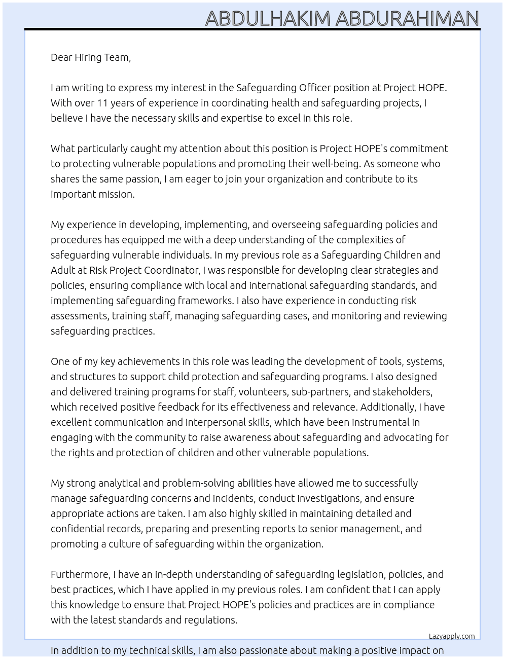 Safeguarding Officer At Project HOPE Cover Letter