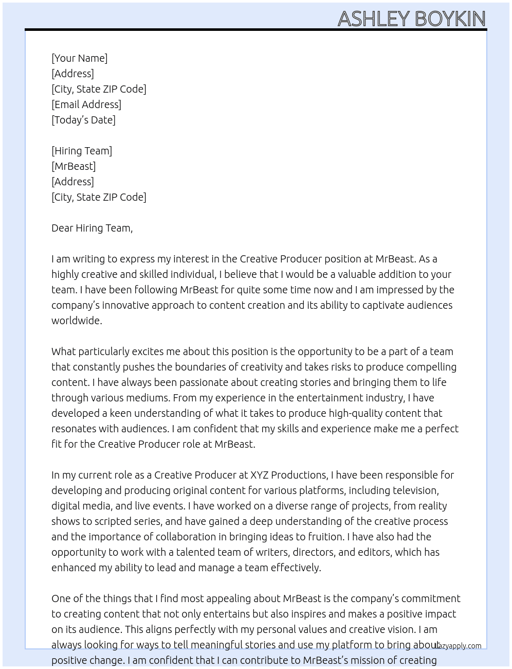 Creative Producer At MrBeast Cover Letter