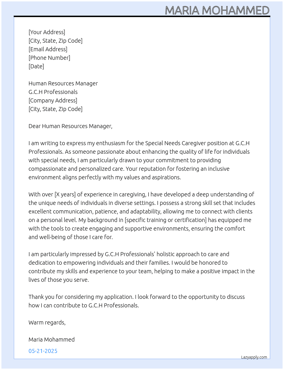 Special Needs Caregiver At G.C.H Professionals Cover Letter