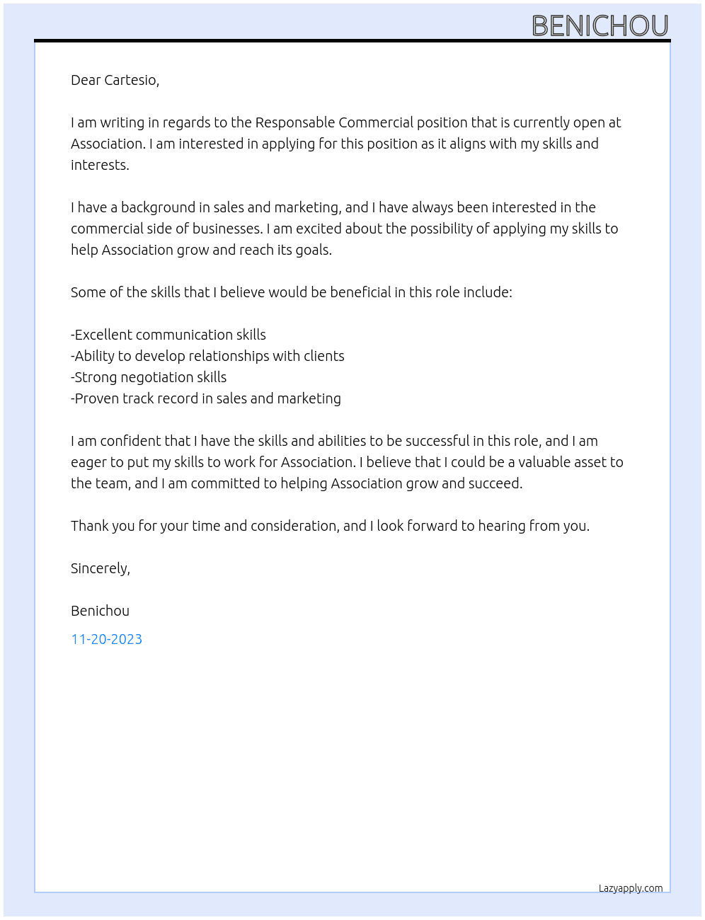 RESPONSABLE COMMERCIAL At association Cover Letter