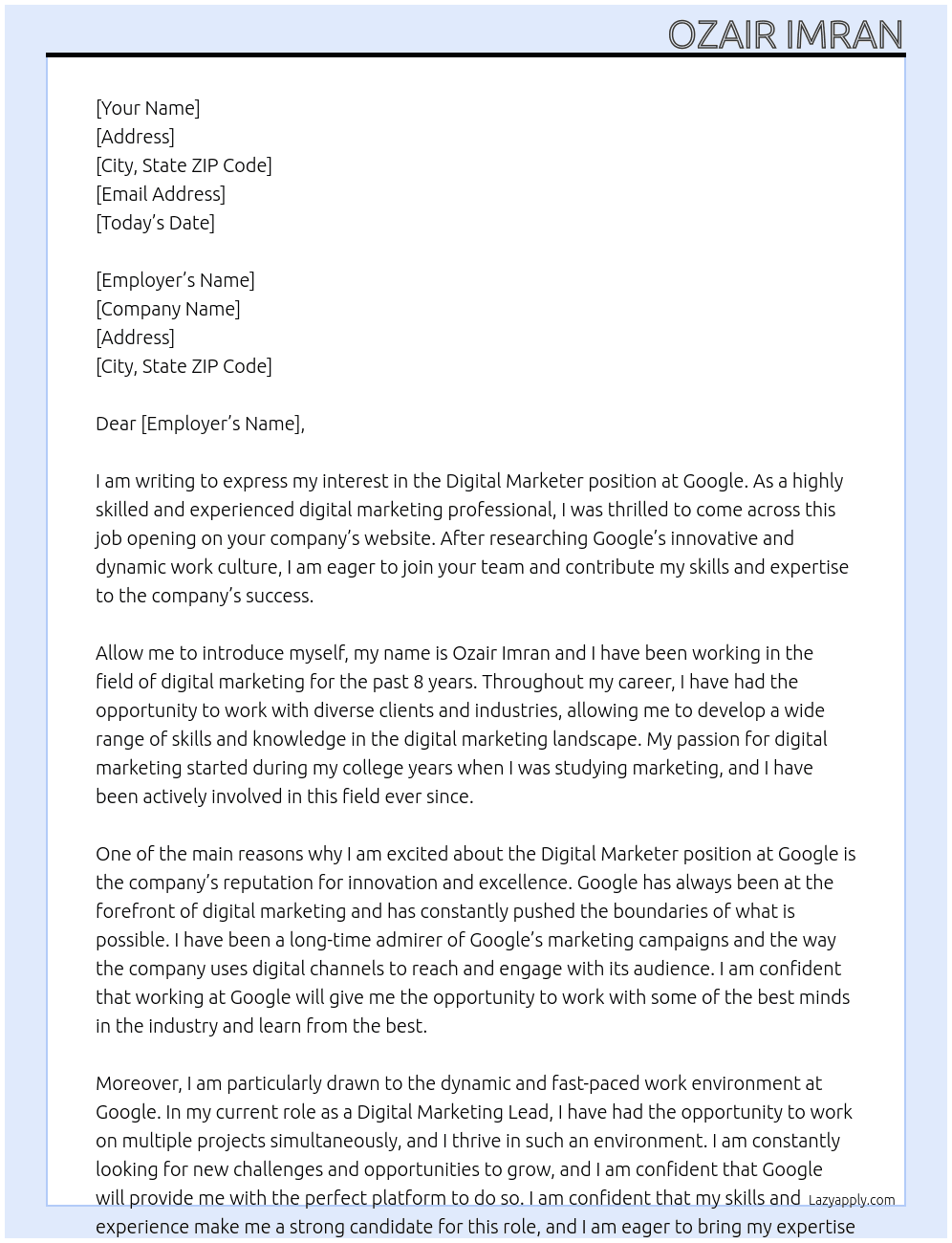 Digital Marketer At Google  Cover Letter