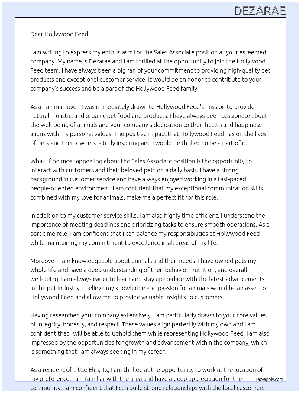Sales associate At Hollywood Feed Cover Letter