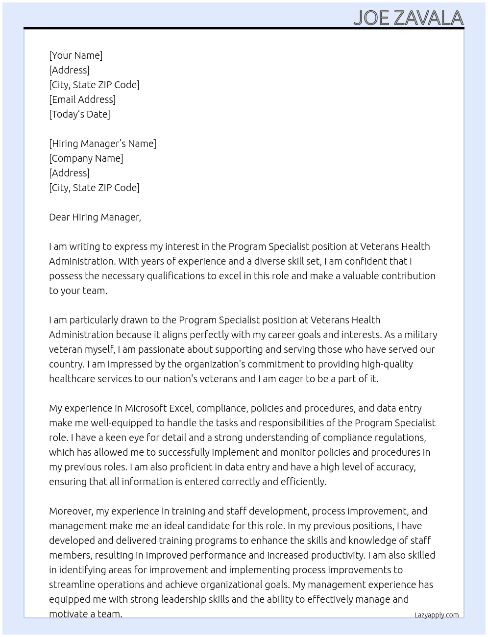 Program Specialist At Veterans Health Administration Cover Letter