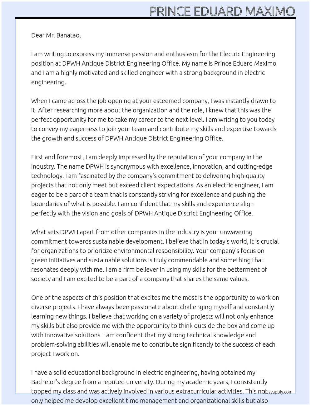 Electric engineering At DPWH Antique District Engineering Office Cover Letter