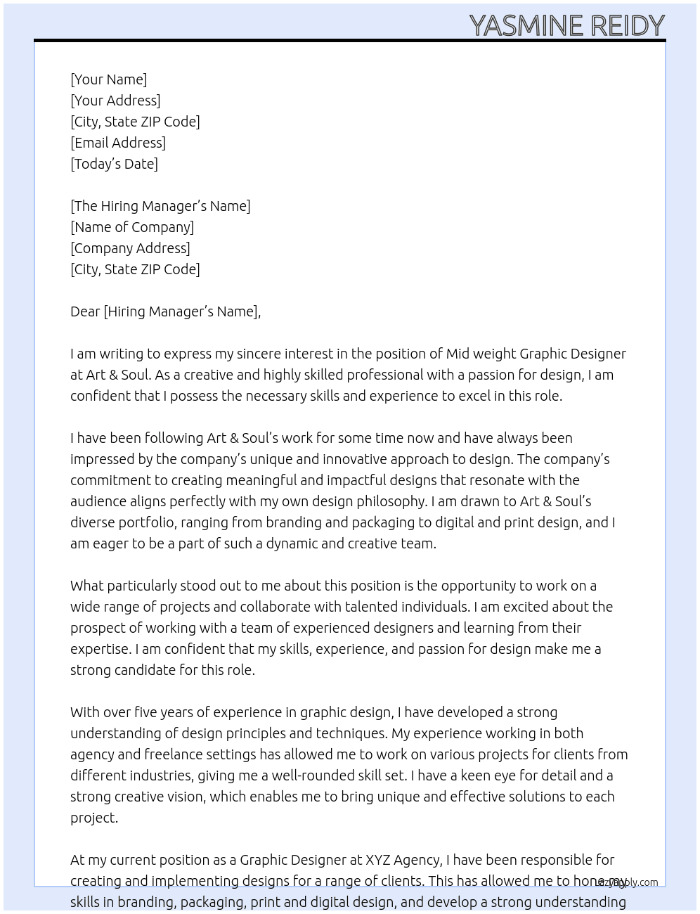 Mid weight Graphic Designer At Art & Soul Cover Letter