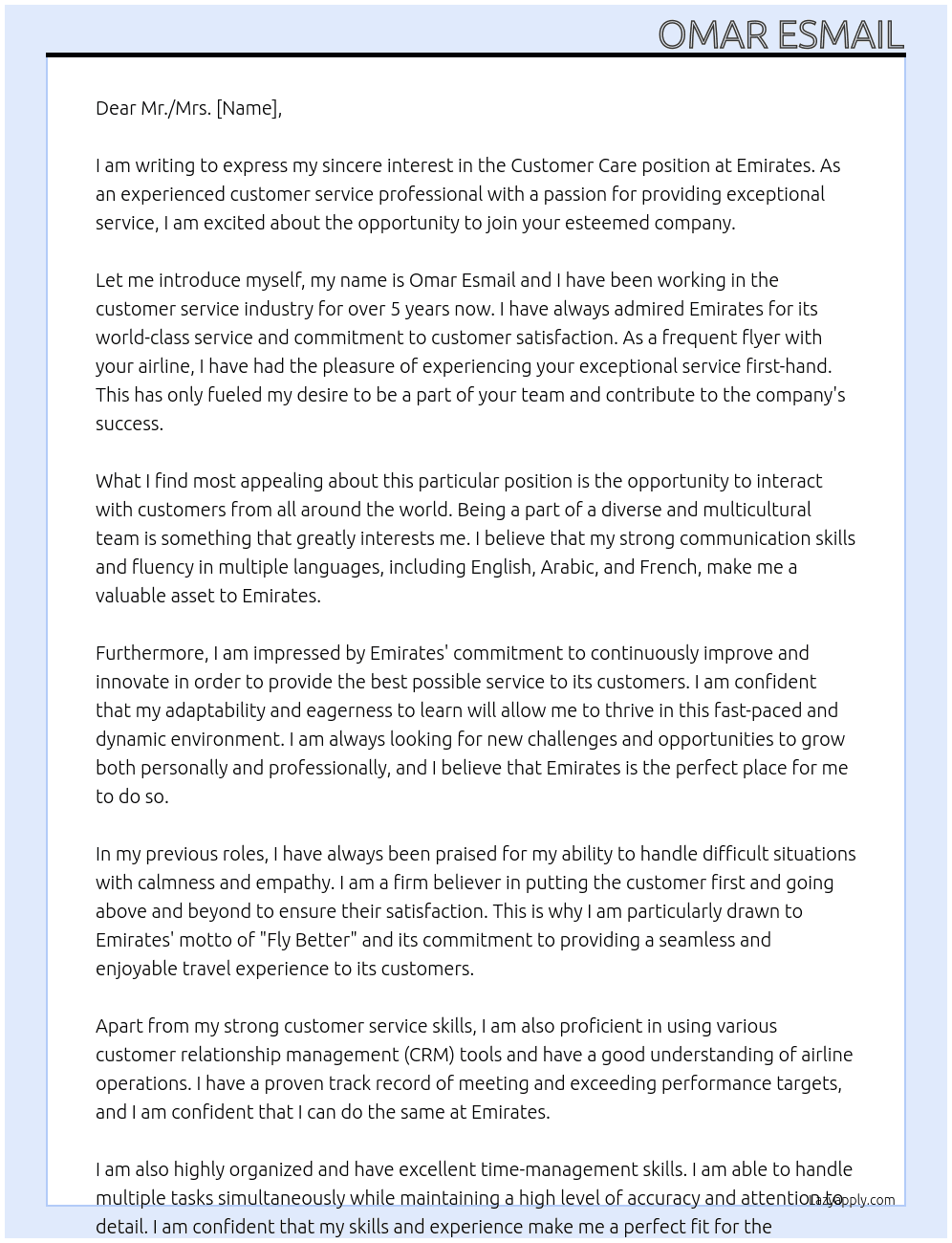 Customer care At Emirates Cover Letter