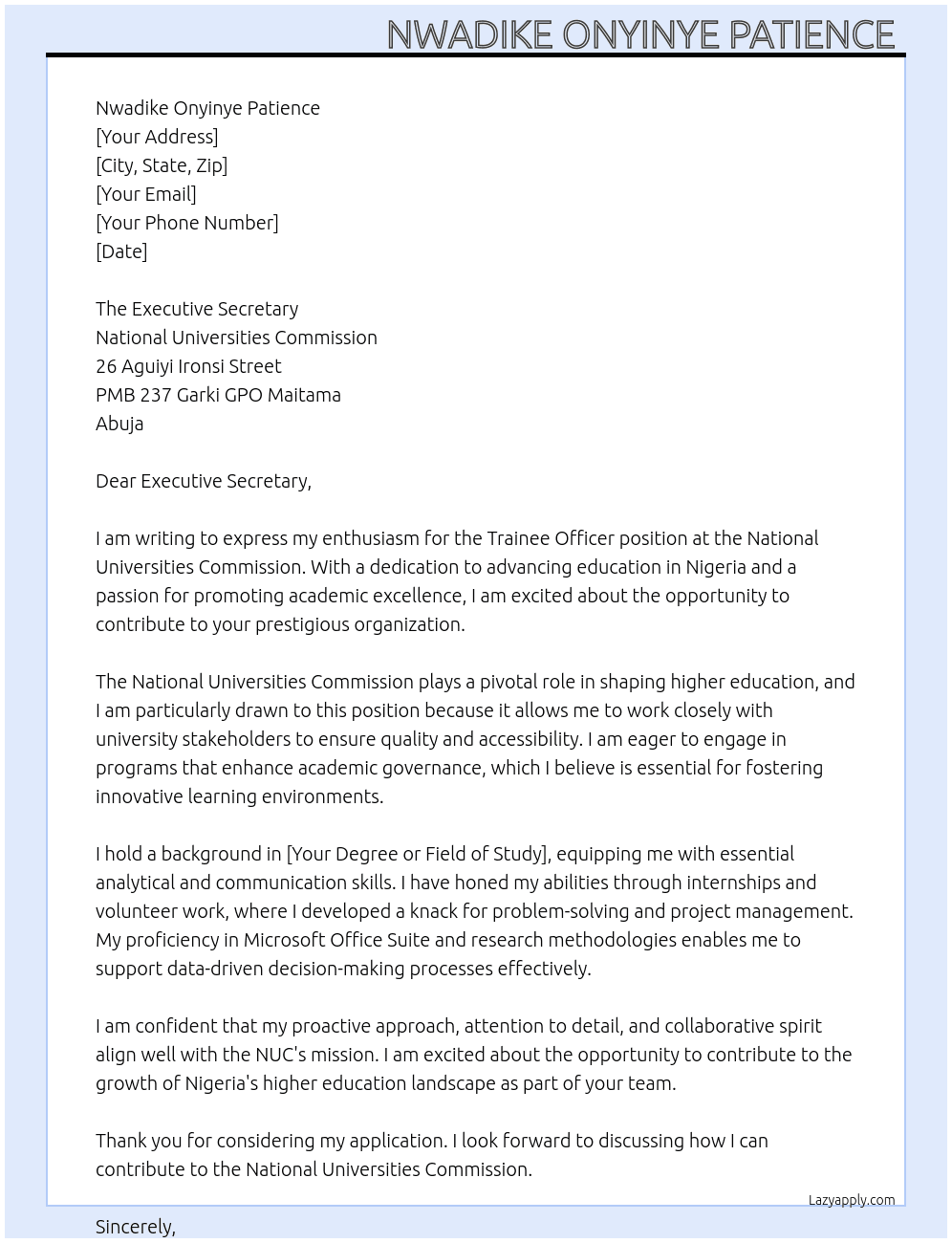 Trainee officer  At National University Commission  Cover Letter