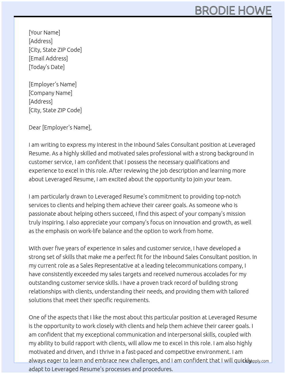 Inbound Sales Consultant At Leveraged Resume Cover Letter
