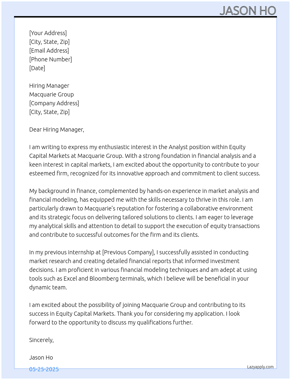 Analyst | Equity Capital Markets  At Macquarie Group Cover Letter