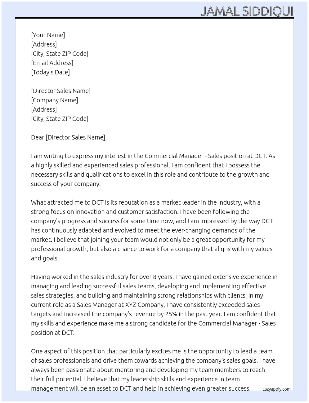 Commercial Manager  - Sale At DCT Cover Letter