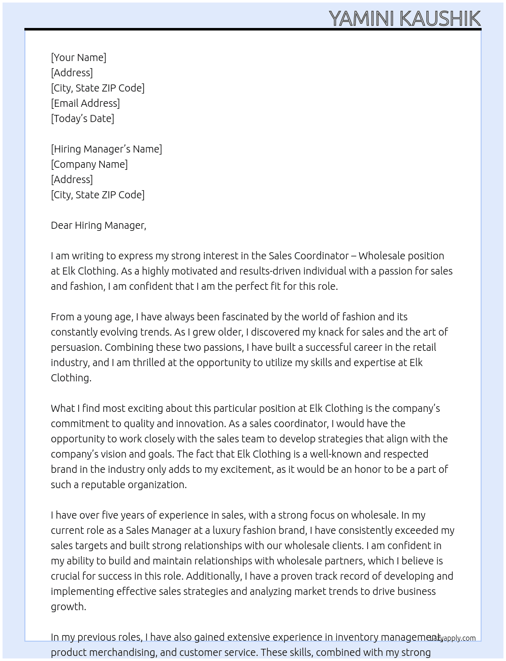 Sales Coordinator - Wholesale At Elk Clothing Cover Letter
