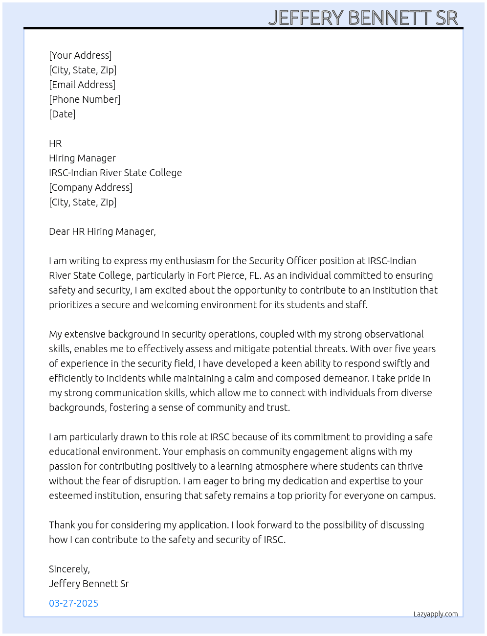 Security Officer  At IRSC-Indian River State College  Cover Letter