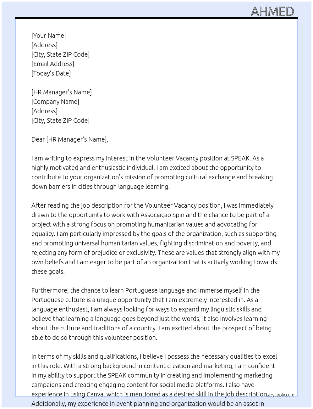 Volunteer VACANCY   At SPEAK Cover Letter