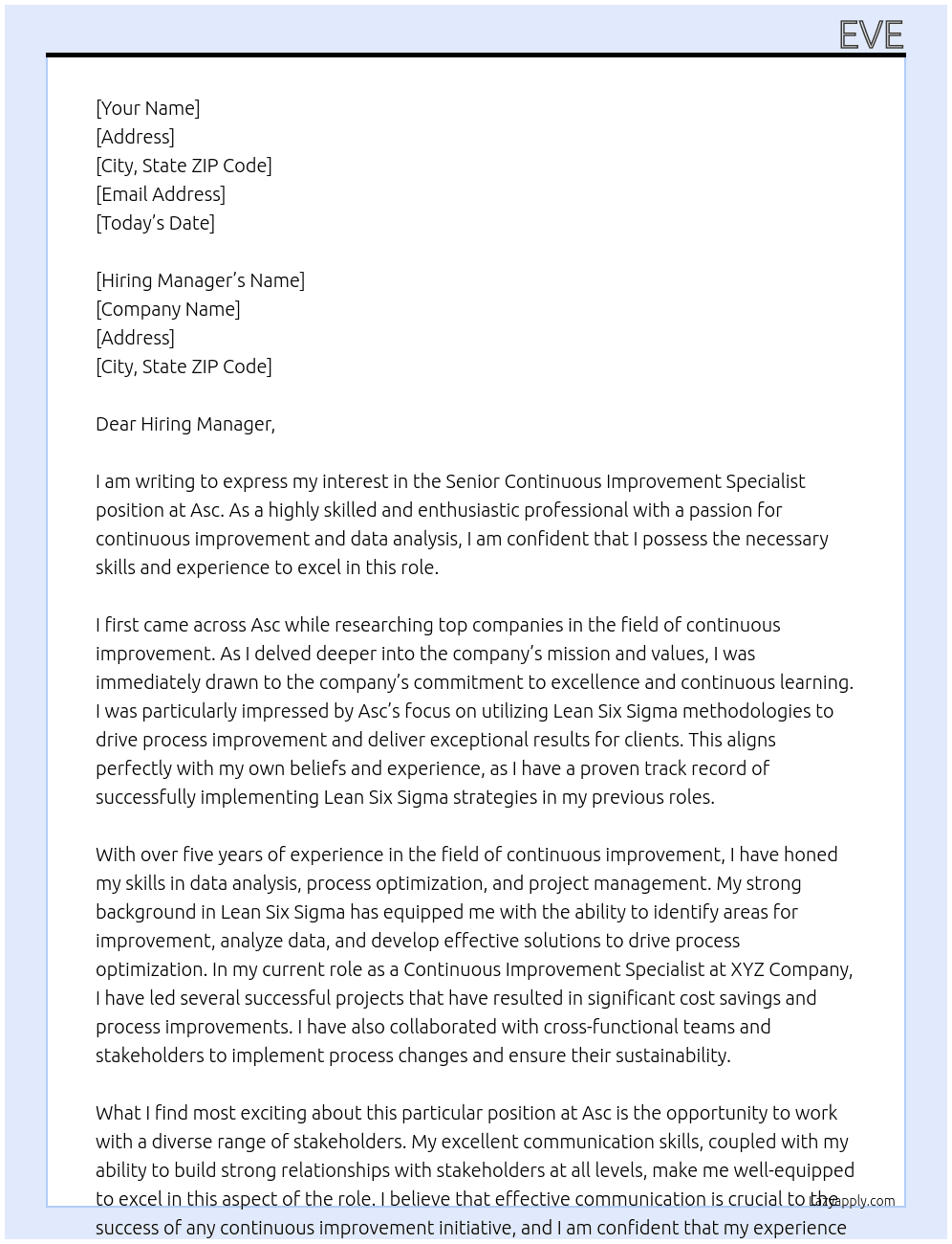 Senior continuous improvement specialist  At Asc Cover Letter