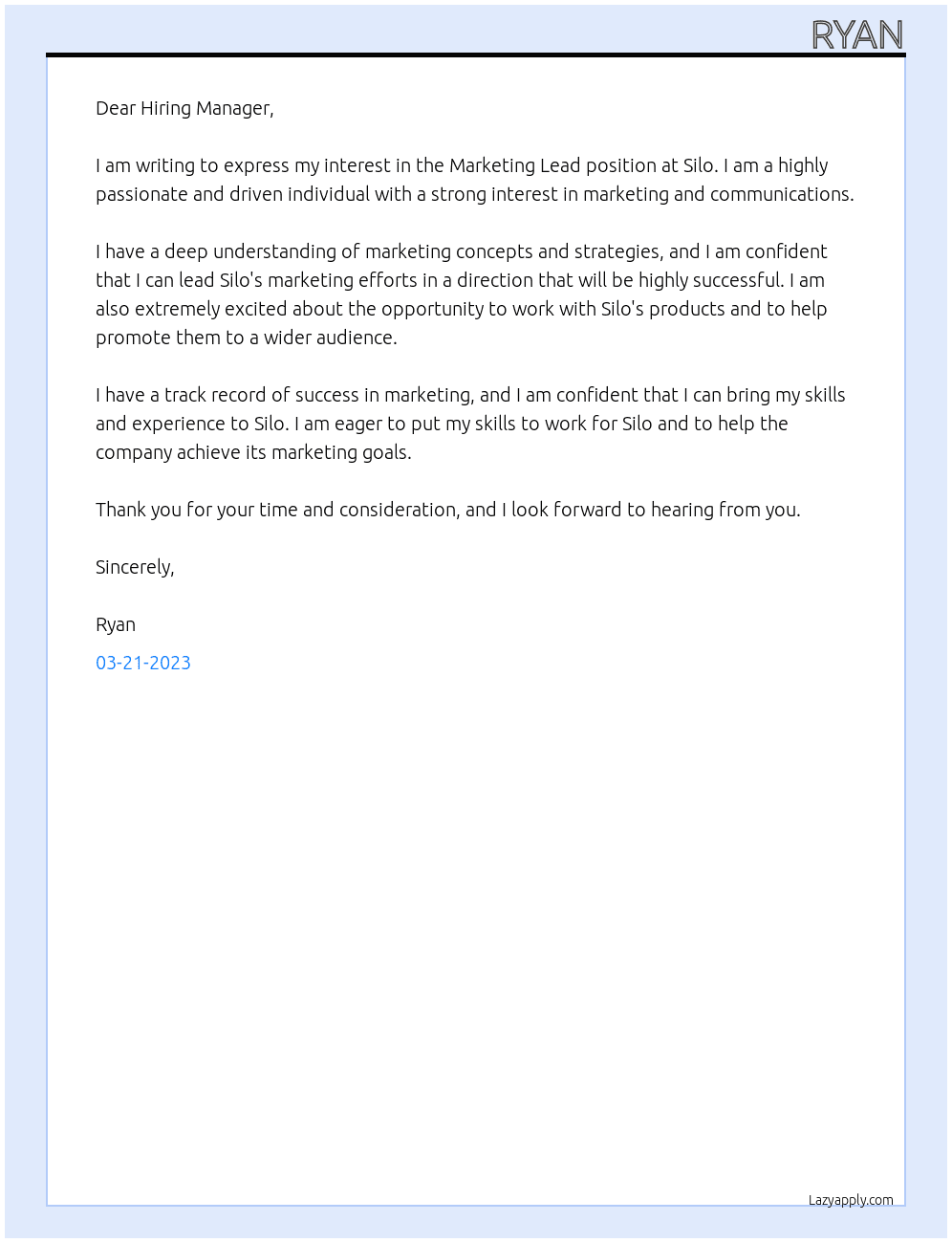 Marketing Lead At Silo Cover Letter