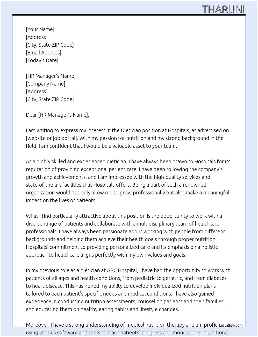 Dietician At Hospitals Cover Letter