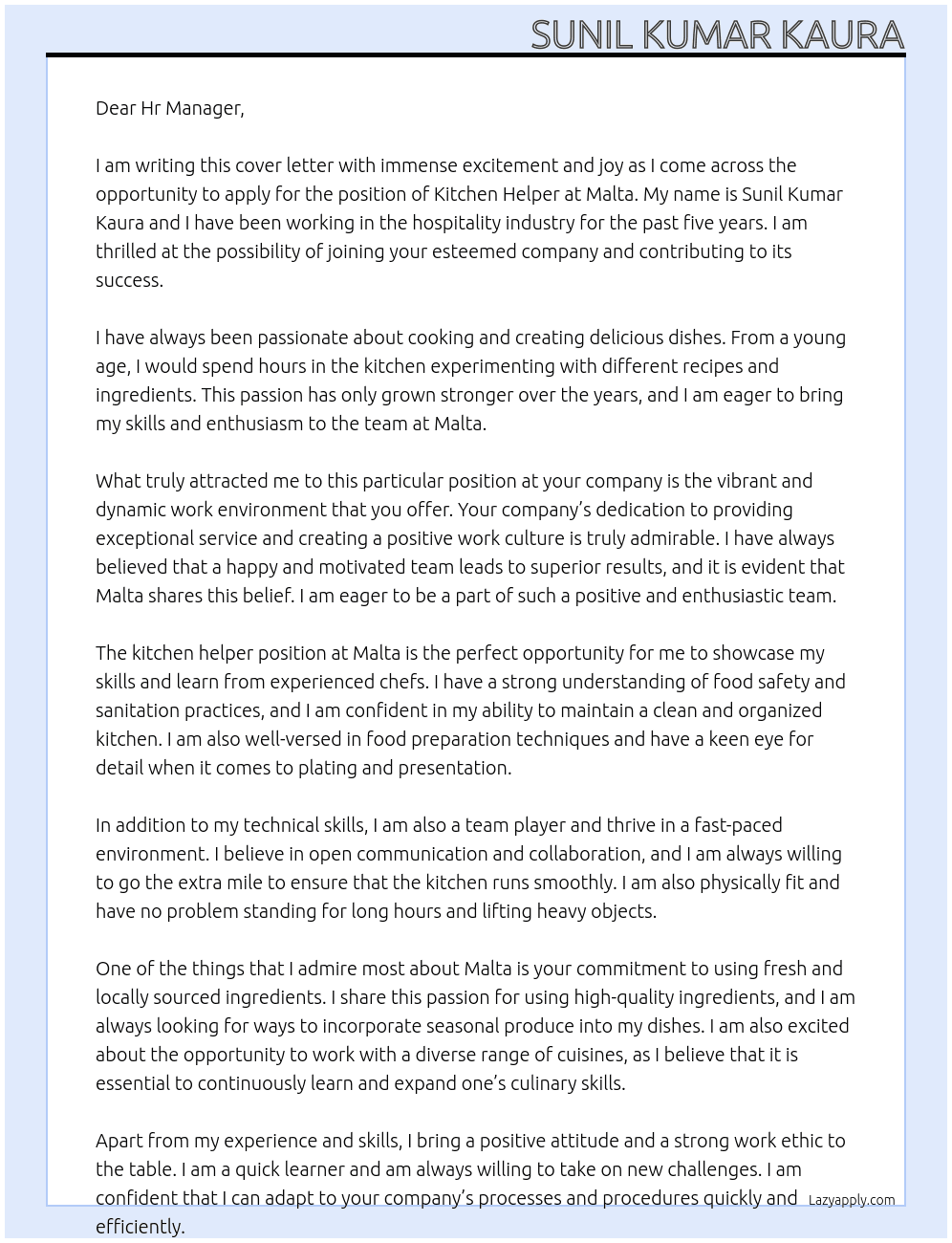 Kitchen helper At Malta Cover Letter