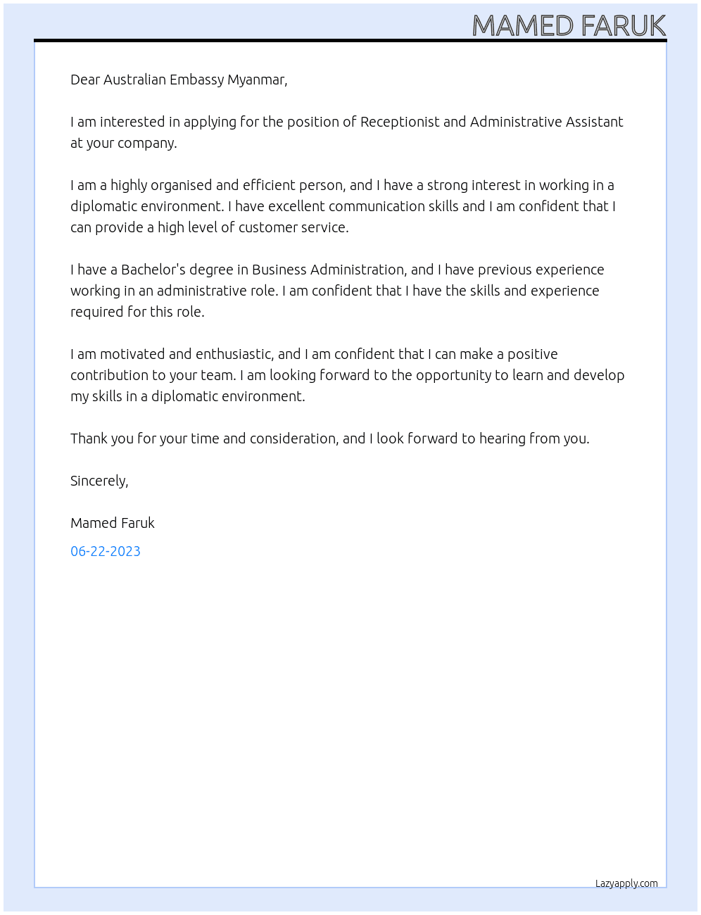 Receptionist and Administrative Assistant At Australian Embassy Myanmar Cover Letter