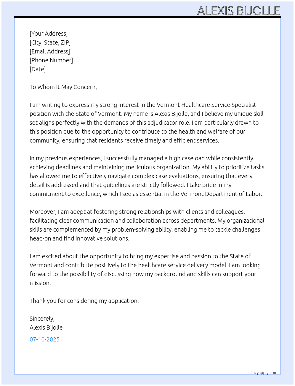 Vermont Healthcare Service Specialist At State of Vermont Cover Letter