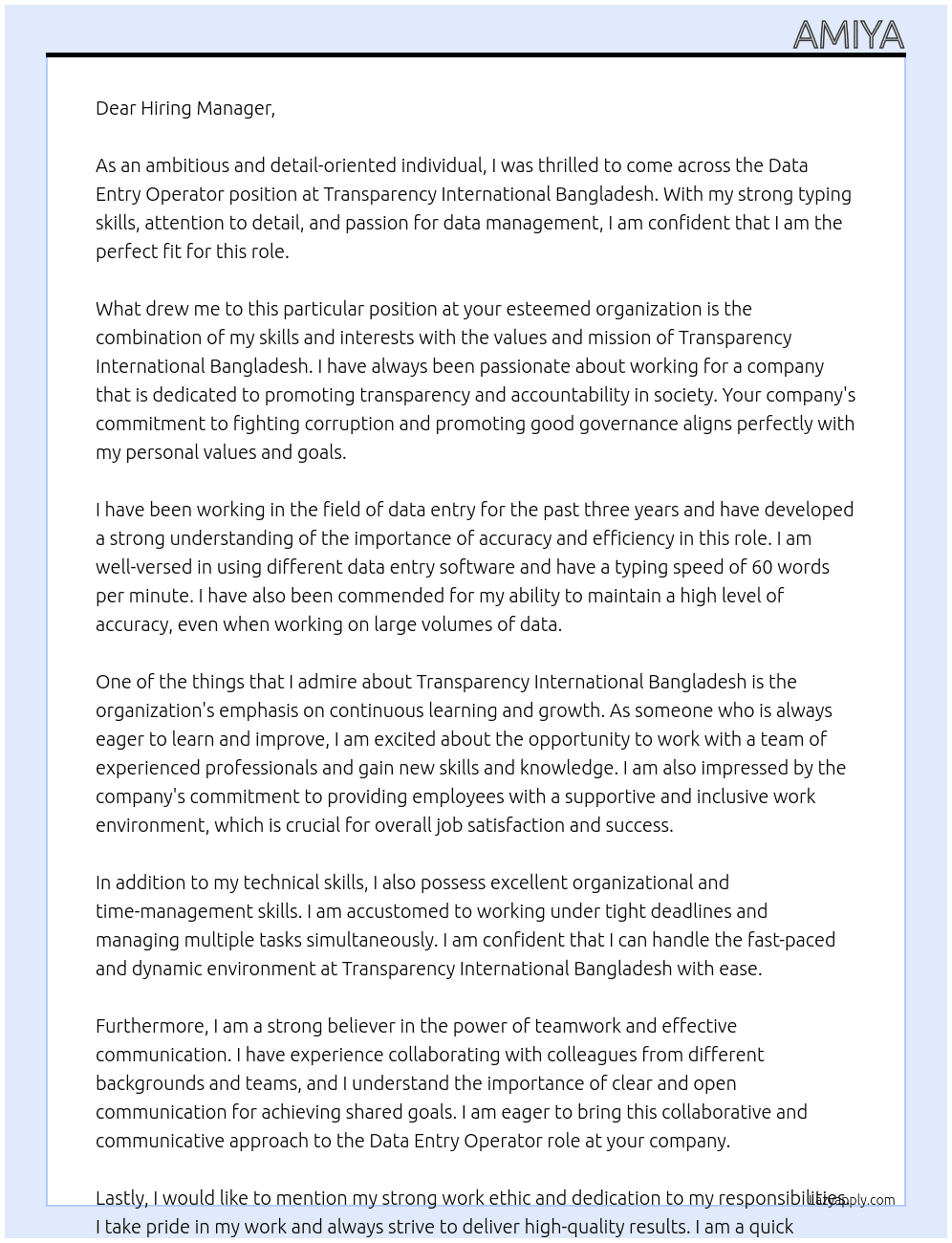Data entry operator At TRANSPARENCY INTERNATIONAL BANGLADESH Cover Letter