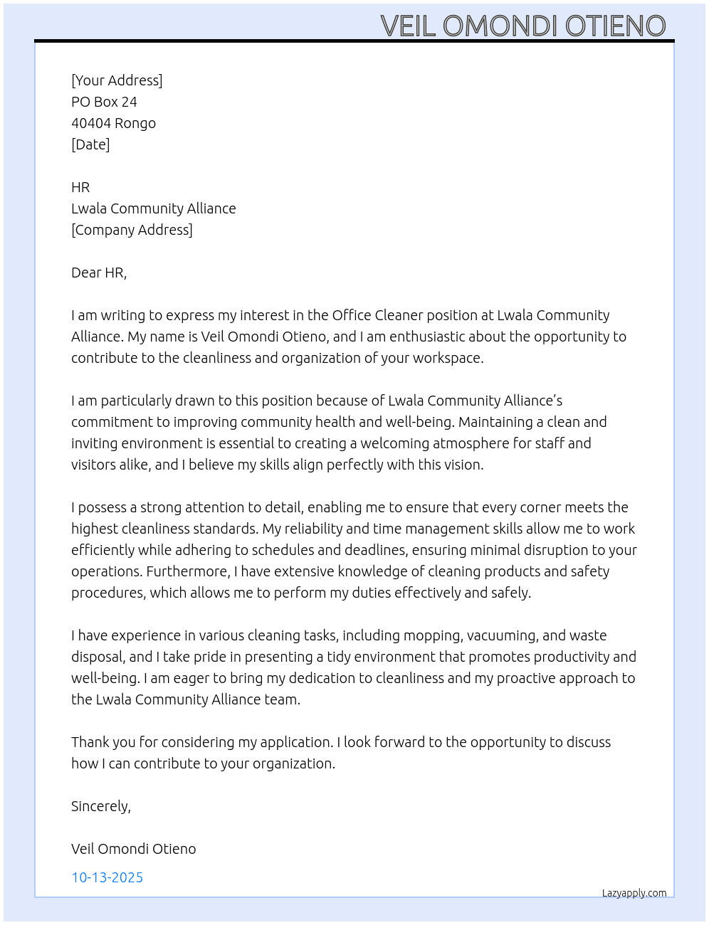 Office cleaner  At Lwala Community Alliance  Cover Letter