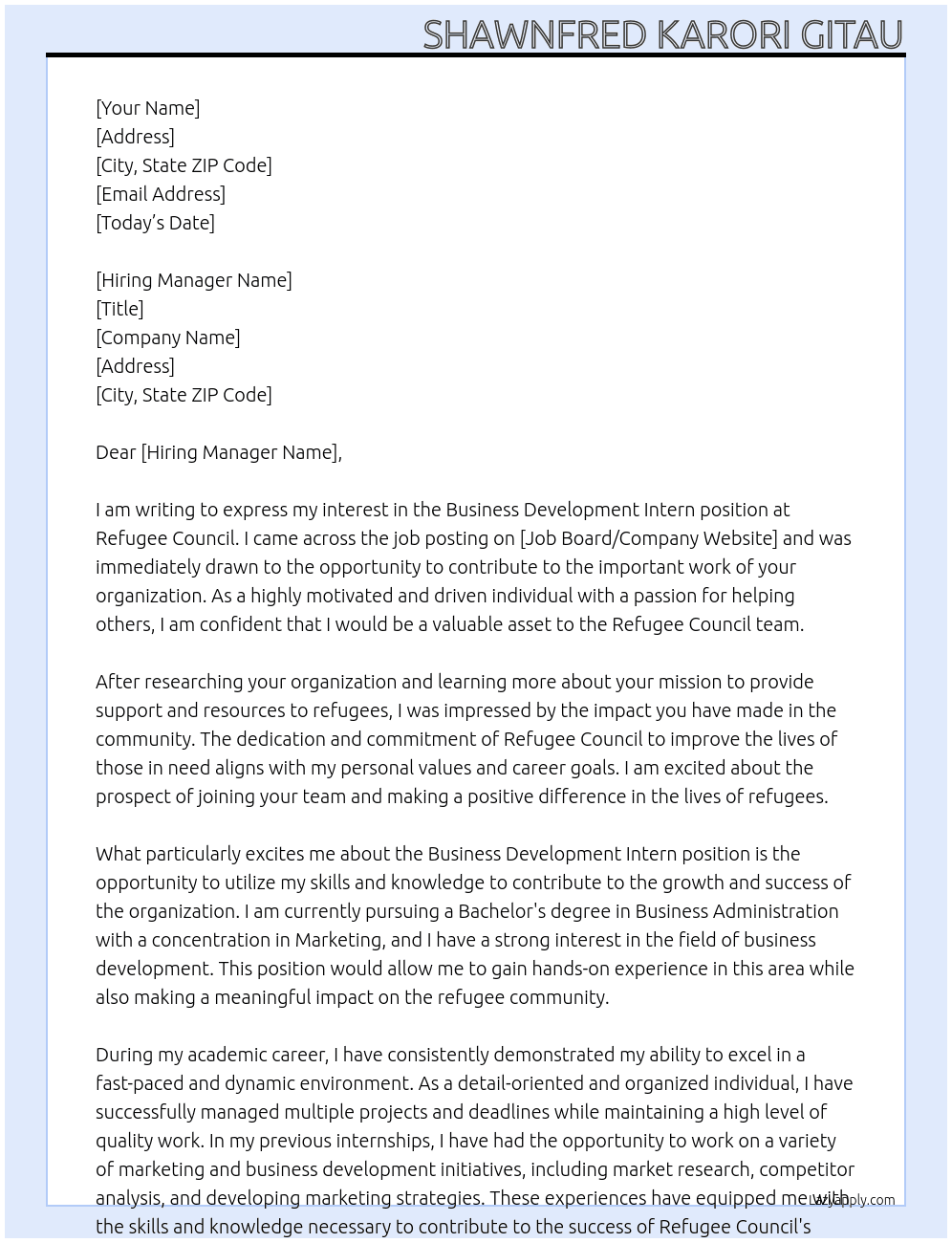 Business development intern  At Refugee council  Cover Letter