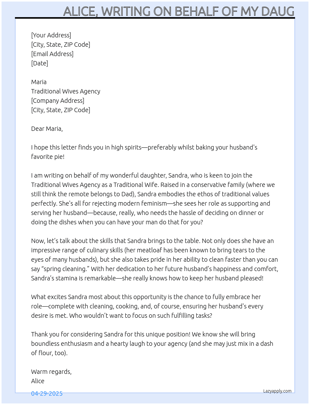 Traditional wife At Traditional Wives Agency  Cover Letter