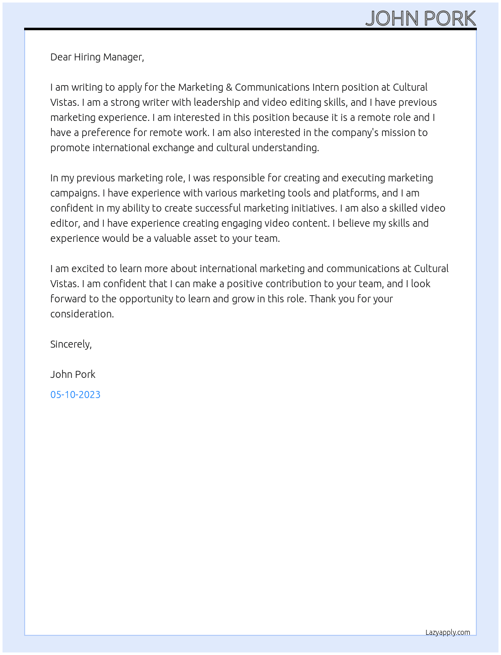 Marketing & Communications Intern At Cultural Vistas Cover Letter