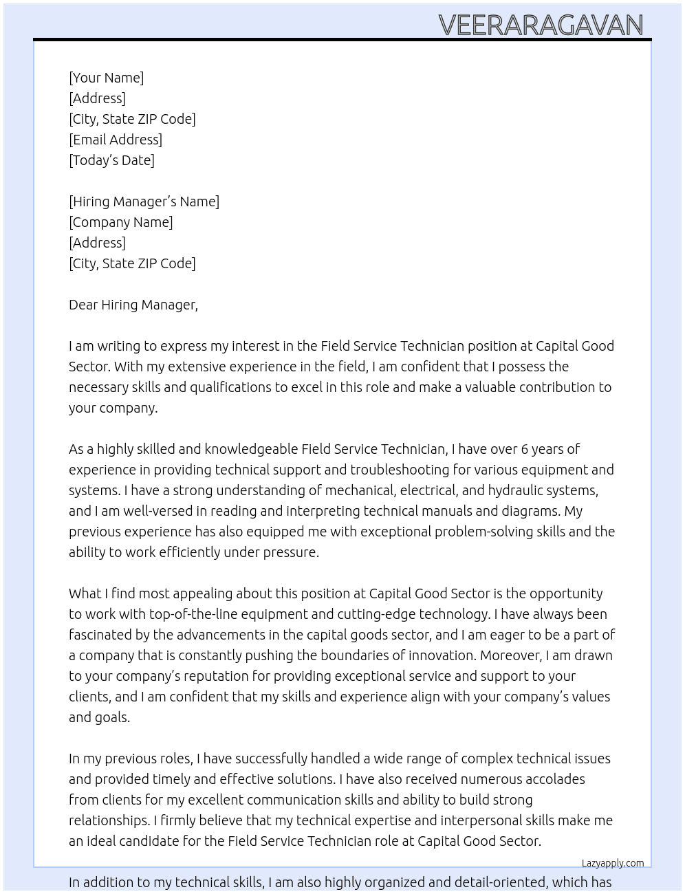 Field service technician  At Capital good sextor Cover Letter