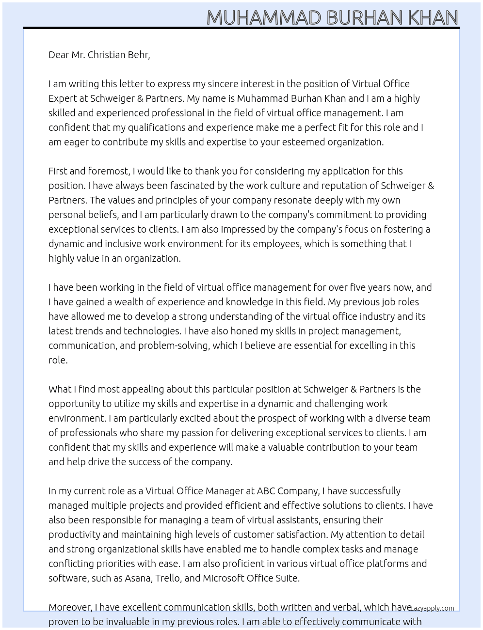 Virtual Office Expert At Schweiger & Partners Cover Letter