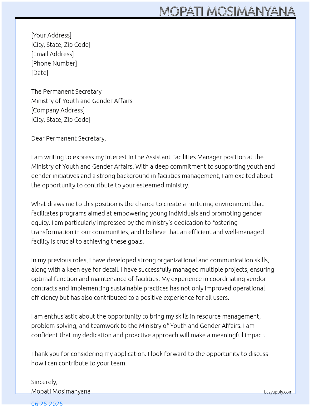 Cover letter for assitant facilties manage - LazyApply