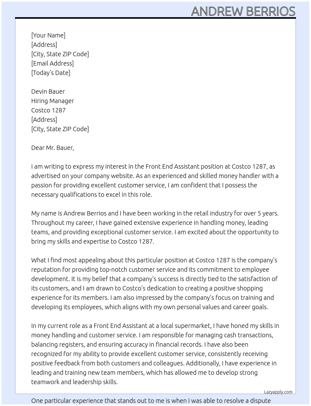 Front End Assistant At Costco 1287 Cover Letter
