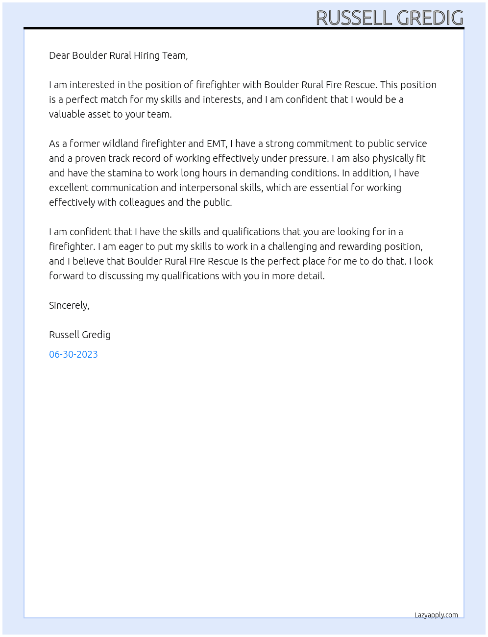 Firefighter At Boulder Rural Fire Rescue Cover Letter