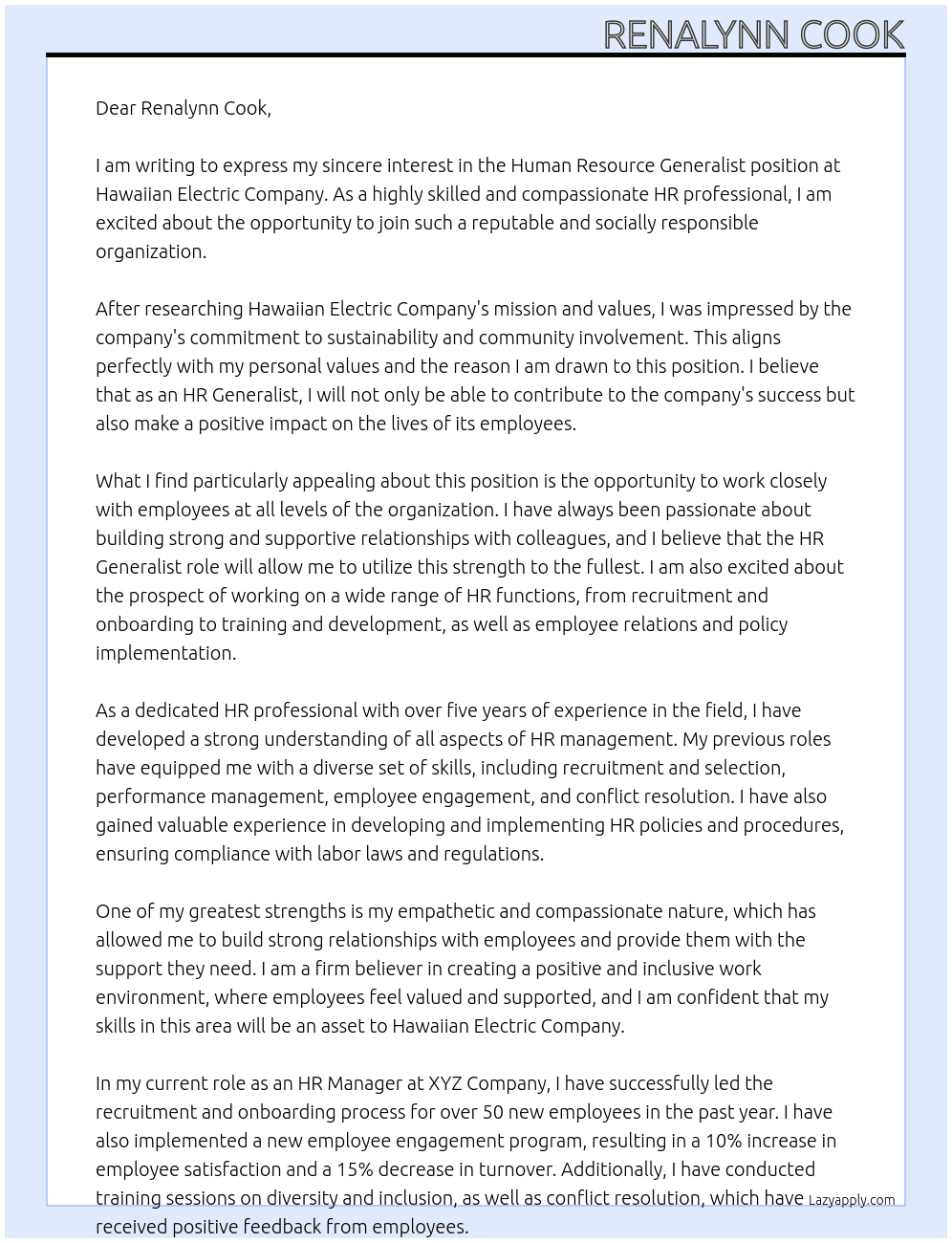 Human Resource  - Generalist At Hawaiian Electric Company Cover Letter