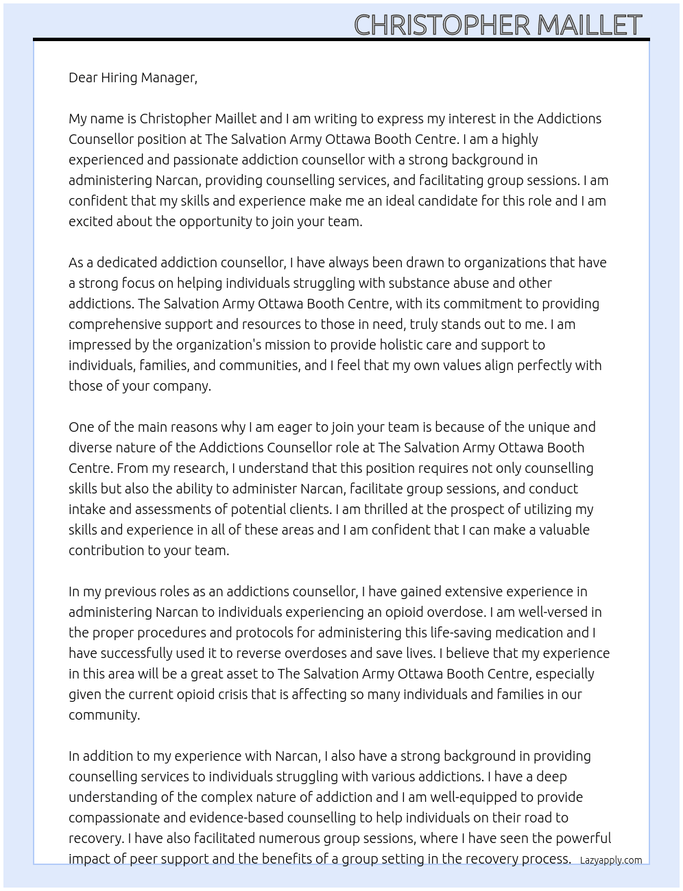 Addictions Counsellor At The Salvation Army Ottawa Booth Centre Cover Letter