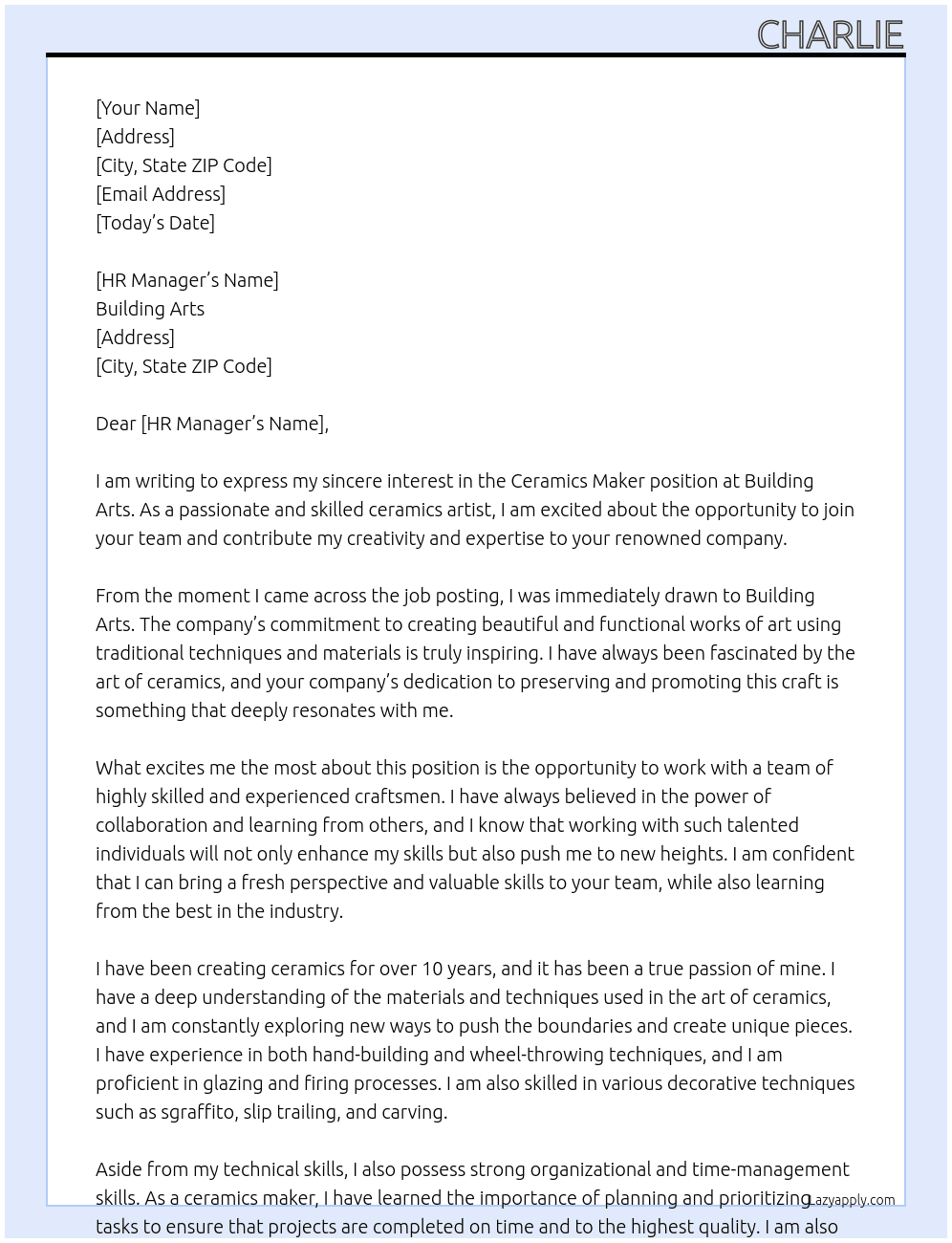 Cover letter for ceramics maker - LazyApply