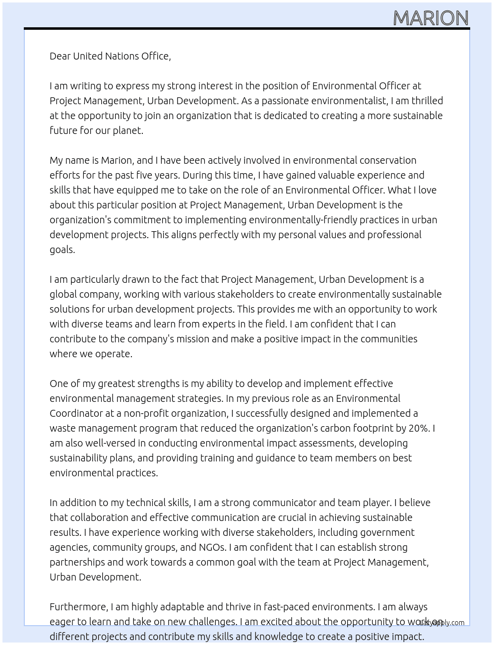 ENVIRONMENTAL OFFICER At Project Management, Urban Development Cover Letter