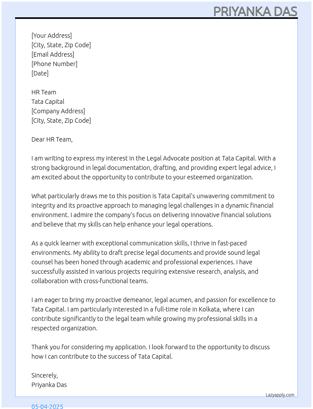 Cover letter for legal advocate - LazyApply
